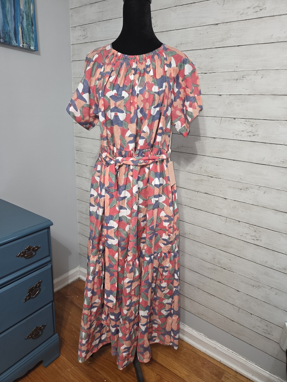 NWT MIRTH Maxi Dress Elastic Neckline Tie Waist Flutter Sleeve Sz Lg Pink Gray - Picture 4 of 10